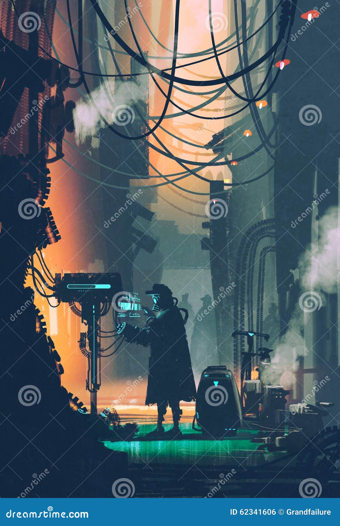 sci-fi scene of robot using futuristic computer in city street
