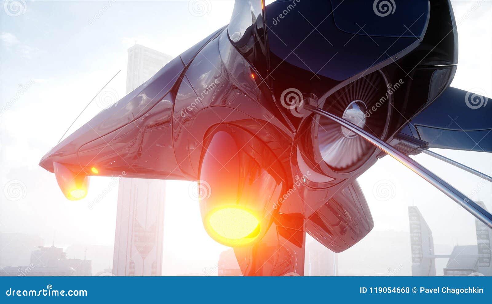 Sci Fi Ship Over Futuristic Fog City Aerial View Concept Of Future 3d Rendering Stock Illustration Illustration Of Aerial Metal