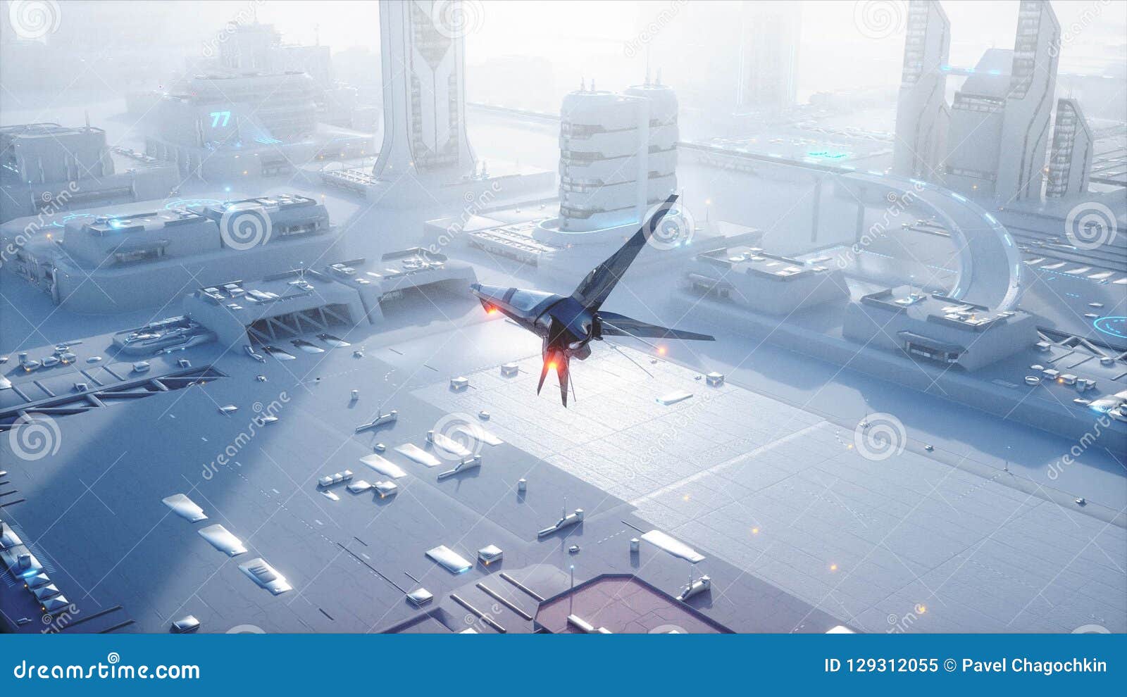 Sci Fi Ship Over Futuristic Fog City Aerial View Concept Of Future 3d Rendering Stock Illustration Illustration Of Technology Green