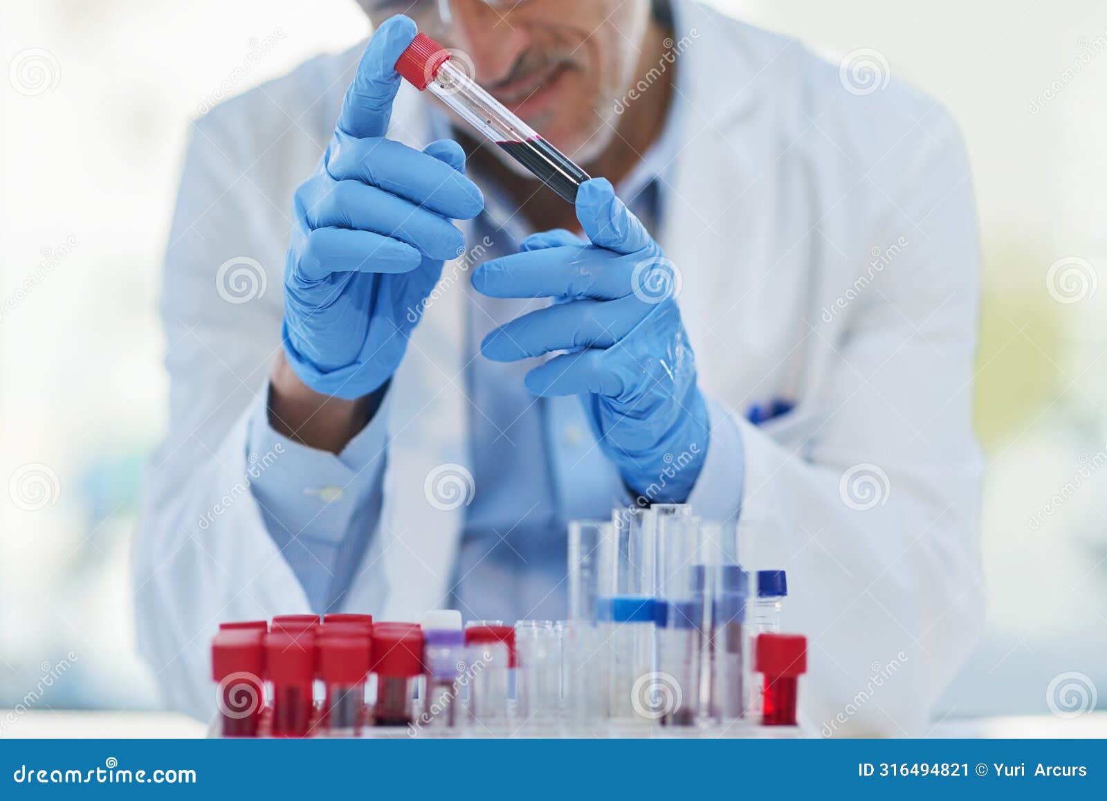 science, blood and hands of man with test tube for biotech engineering, pathology and hematology research. laboratory