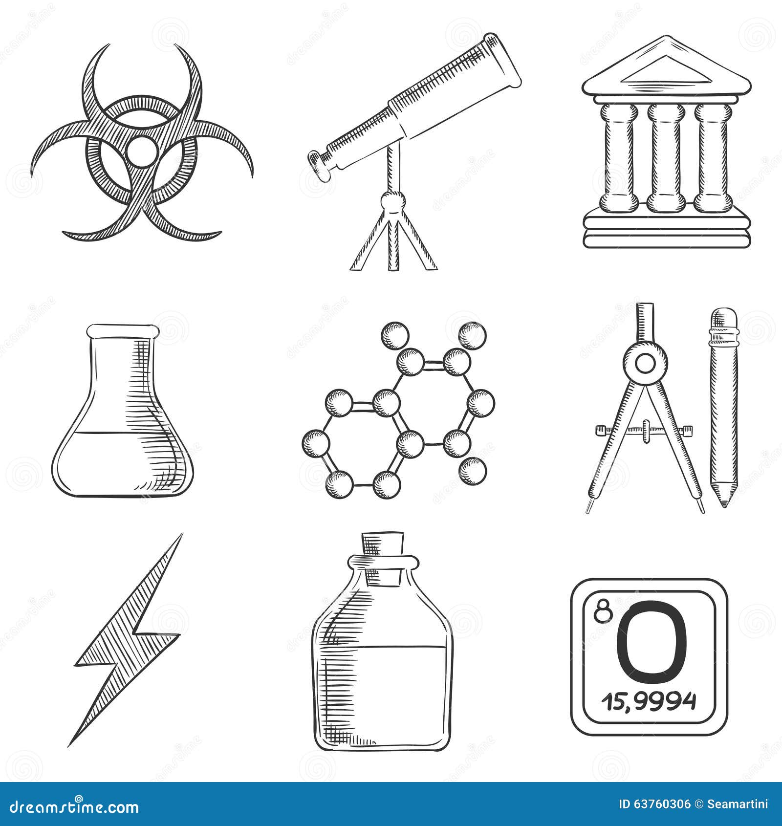 Science and chemistry sketches icons and symbols with telescope flask and  tuber compasses atom ancient temple radiation and power signs Sketch s  Stock Vector Image  Art  Alamy