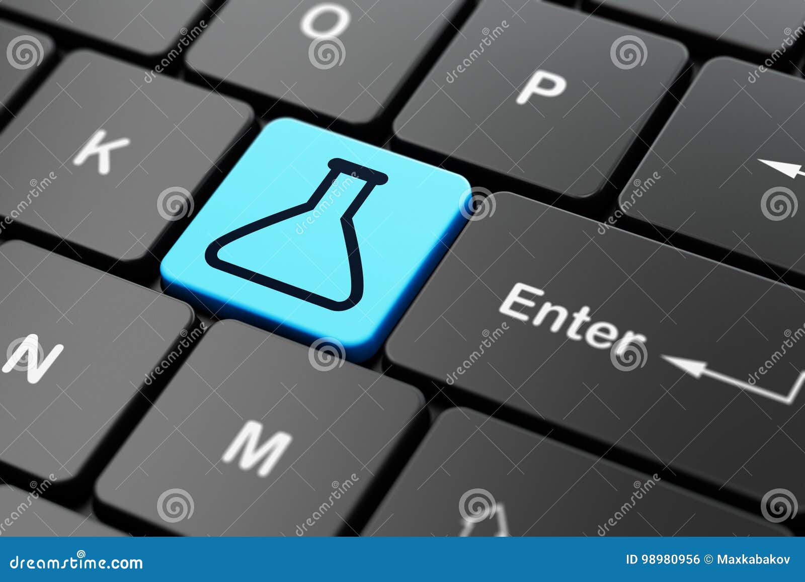 Science Concept Flask on Computer Keyboard Background Stock