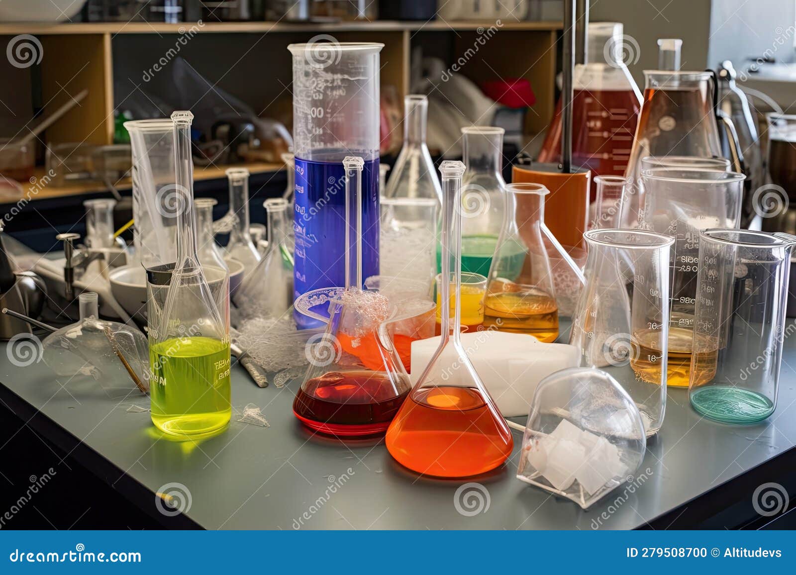 Science Experiment, with Beakers, Test Tubes and Other Equipment