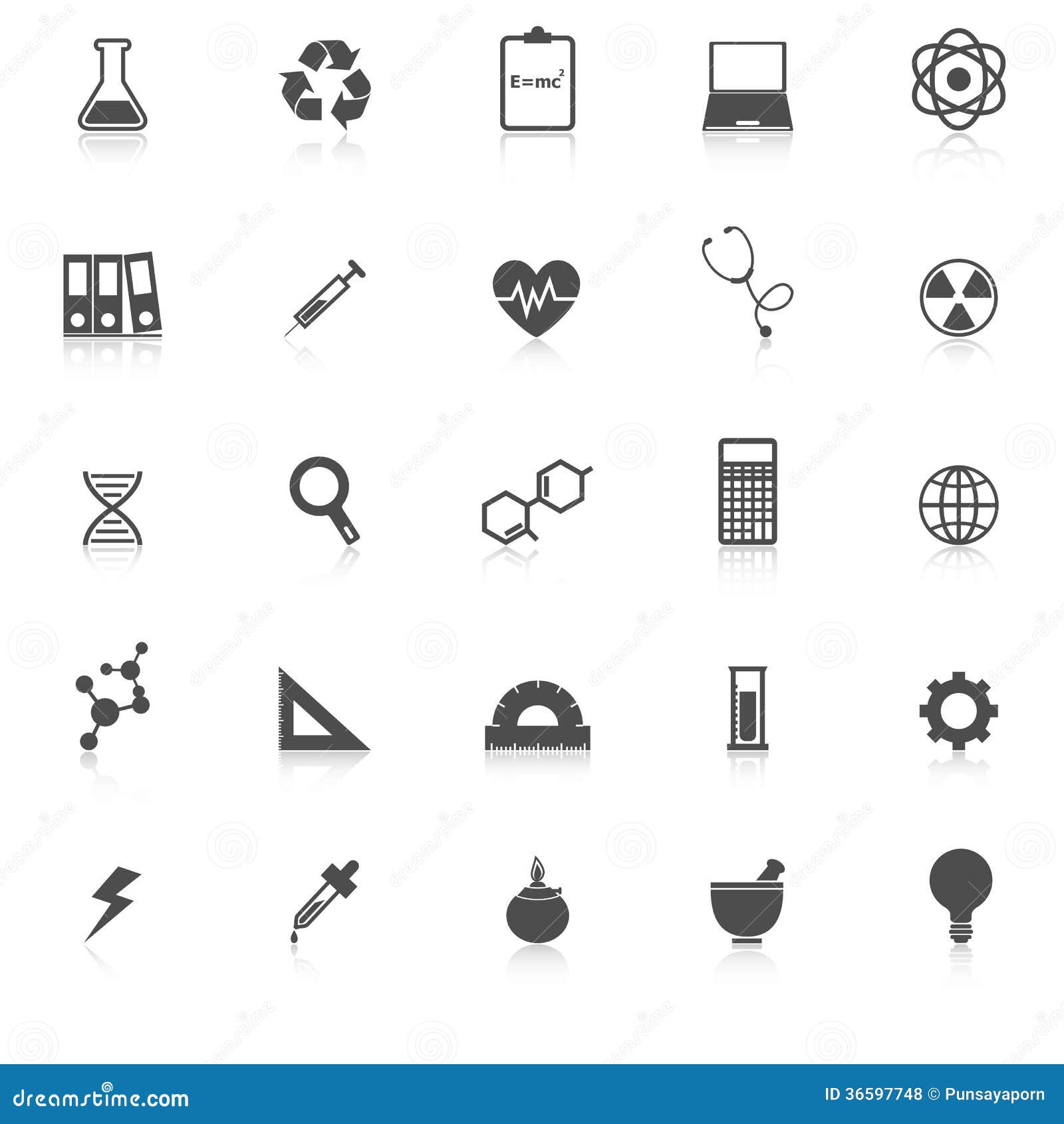 Science Icons with Reflect on White Background Stock Vector