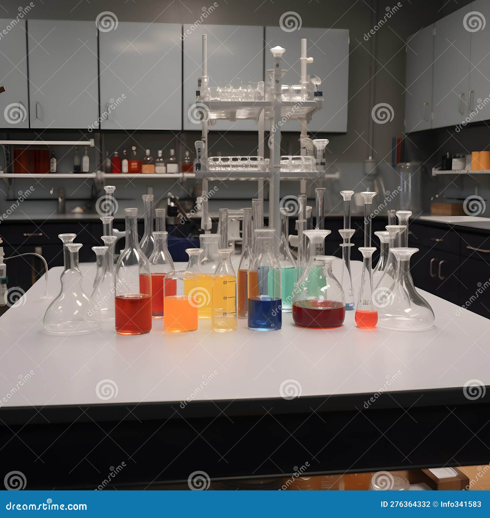 A Science Lab with Beakers and Test Tubes on a Lab Bench One Created