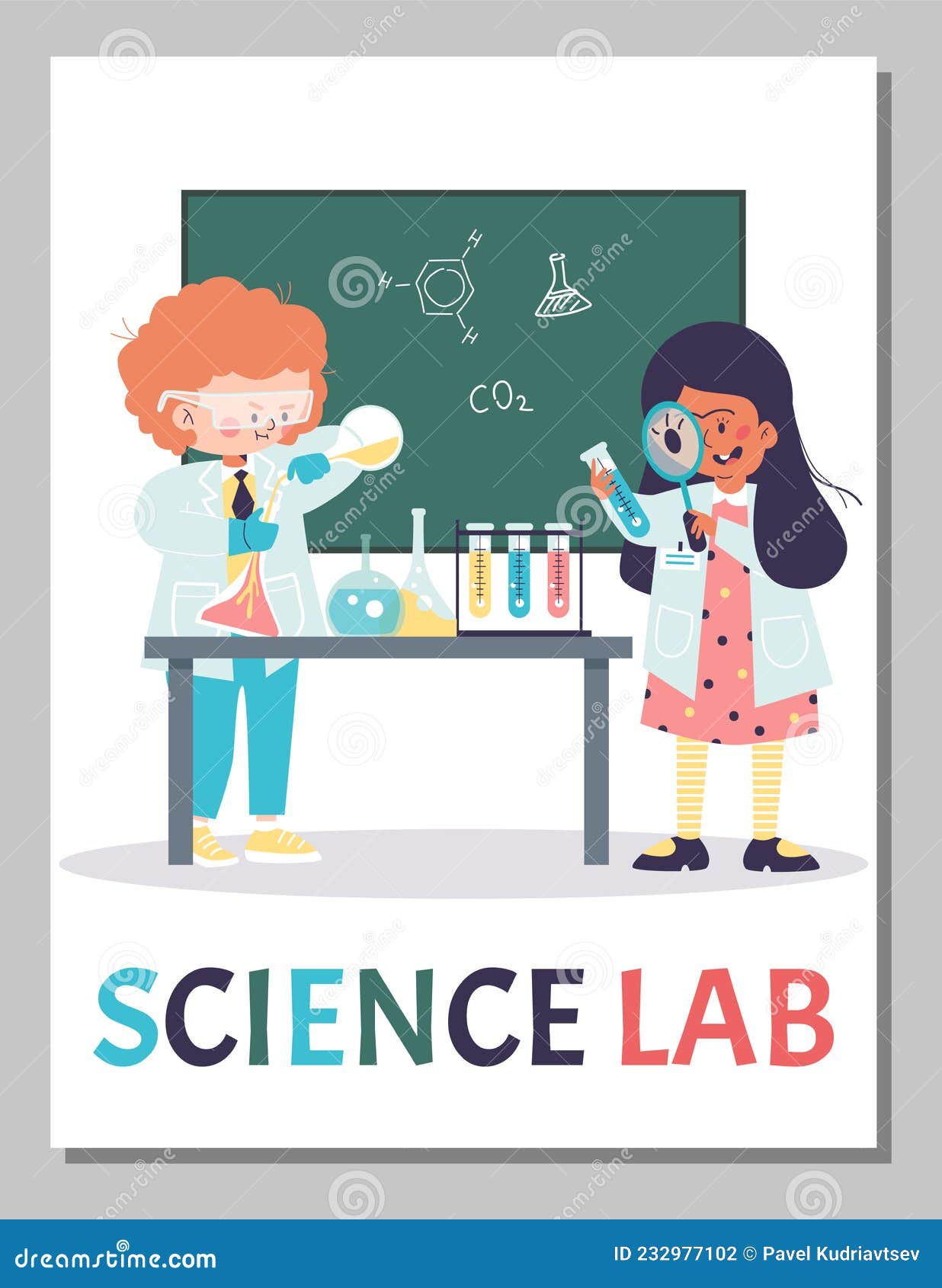 Science Lab for Kids Banner or Poster Template Flat Cartoon Vector