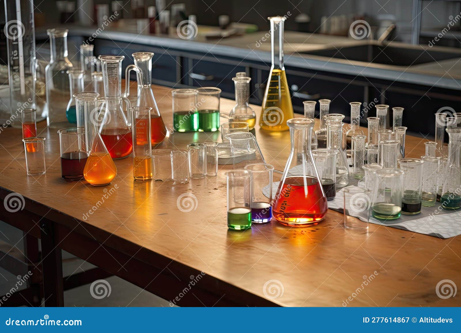 Science Lab with a Variety of Flasks and Beakers for Mixing Chemical Compounds Stock Image