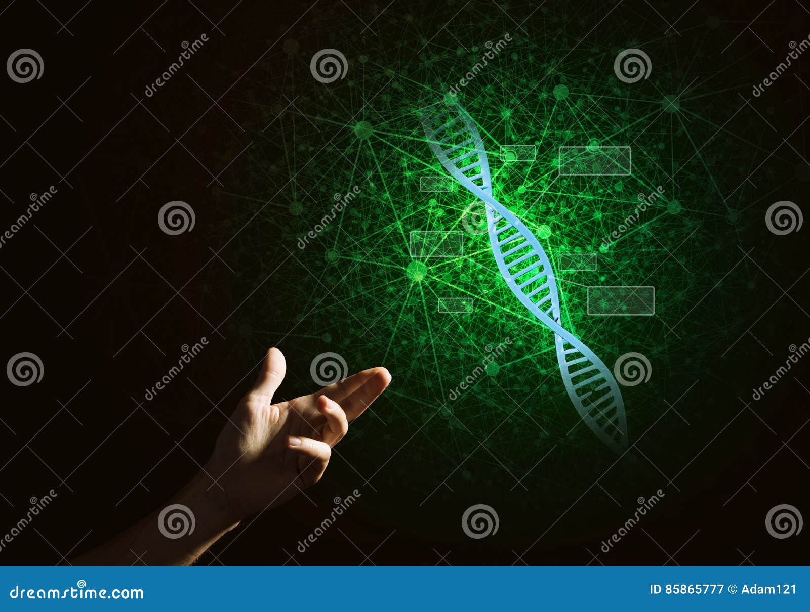 science medicine and technology  as dna molecule on dark background with connection lines