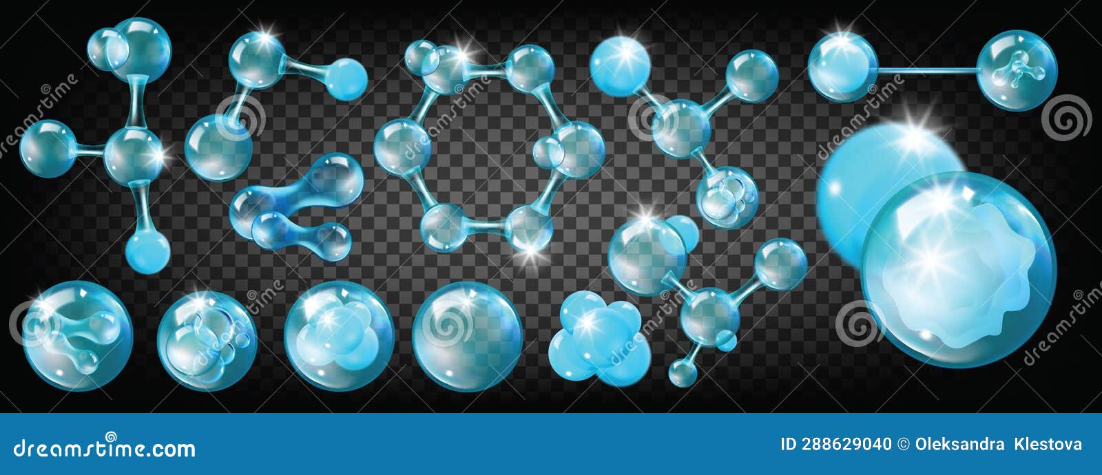 3D Molecule Oxygen Icon Set, Cosmetic Vector Skin Care Bubble Nano