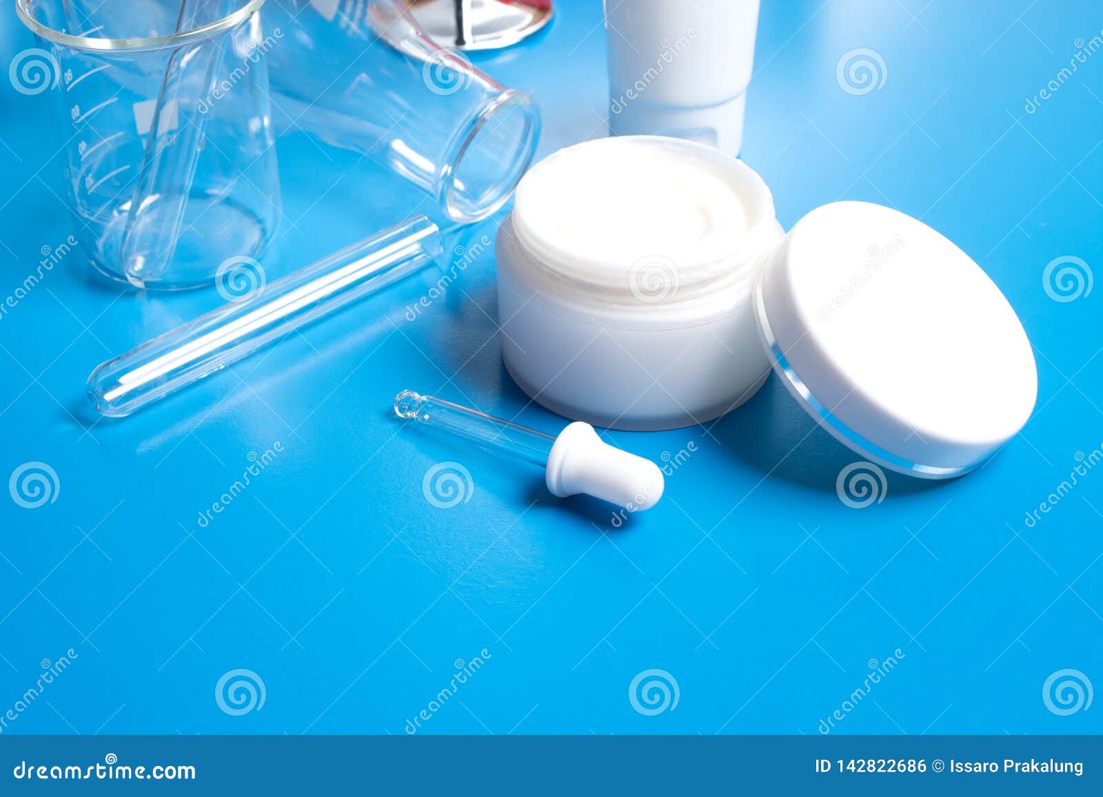 Download Science And Treatment Cream Lotion Aromatic Beauty Cosmetic Skincare With Test Tube And Mockup Product On Blue Table White Backgro Stock Photo Image Of Background Beauty 142822686
