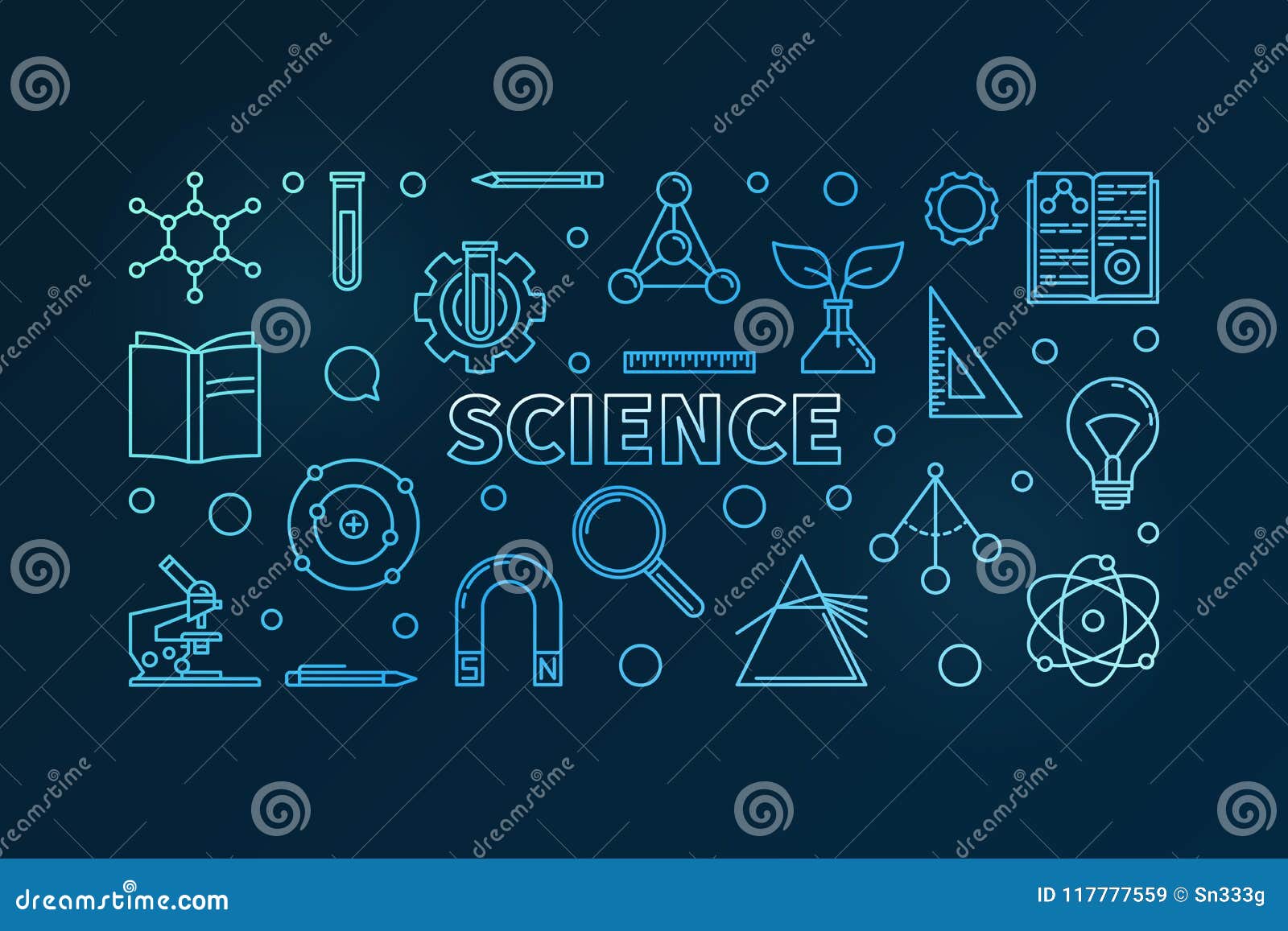 Science Vector Outline Blue Horizontal Illustration Stock Vector