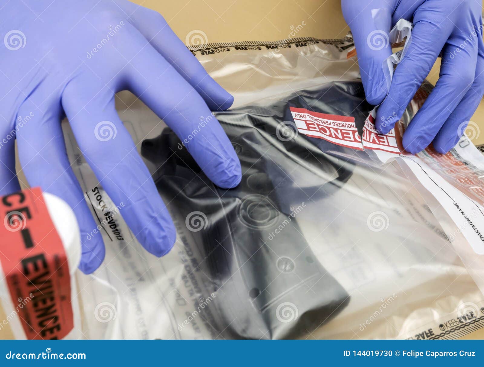 scientific police opens evidence bag with firearm in laboratorio forensic equipment