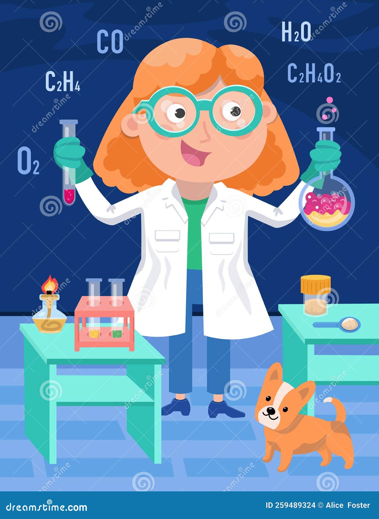 Scientist Chemist among the Objects. Microscope with Mirror in Cartoon