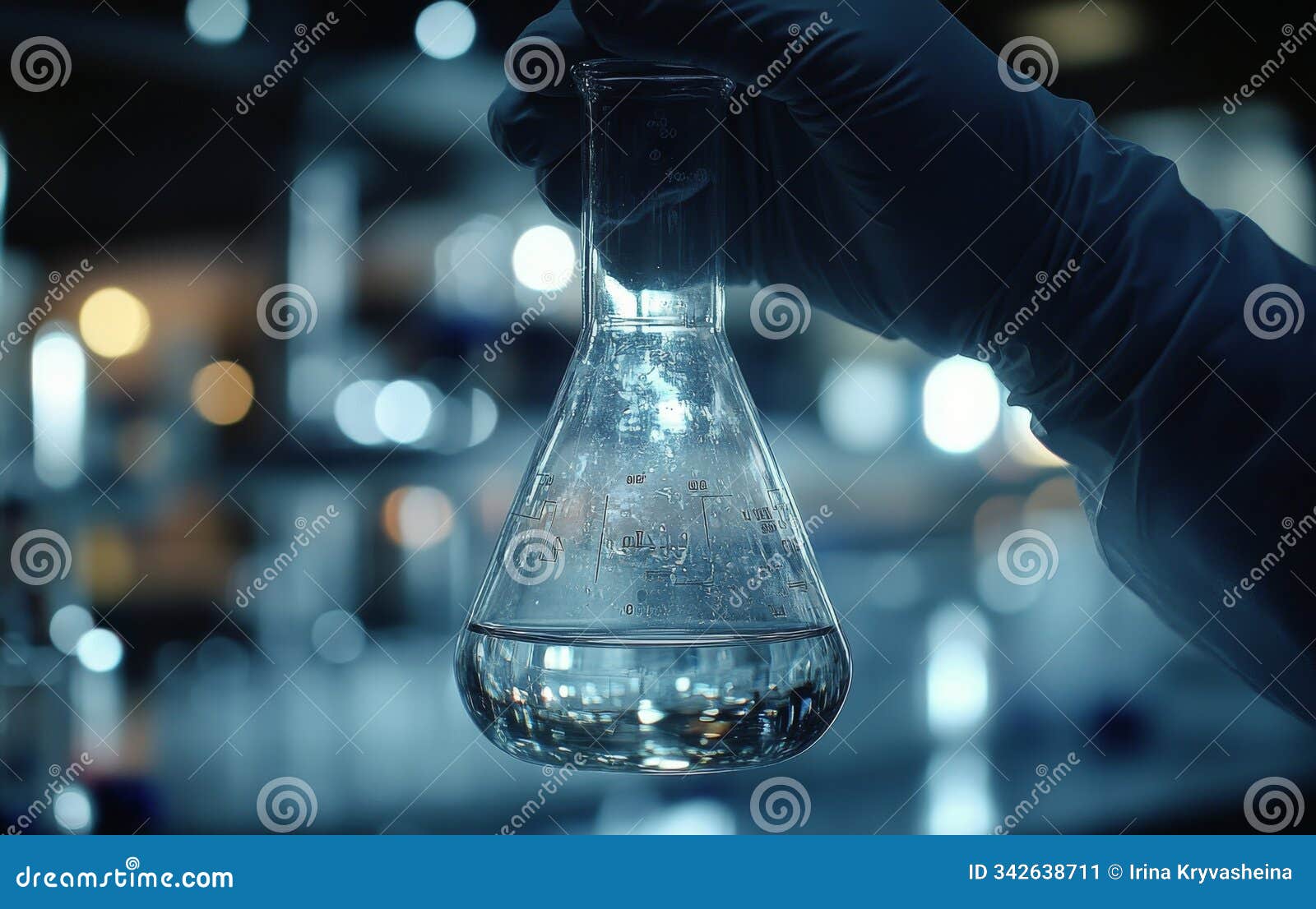 scientist conducting experiments with a flask in a laboratory filled with digital graphics at night