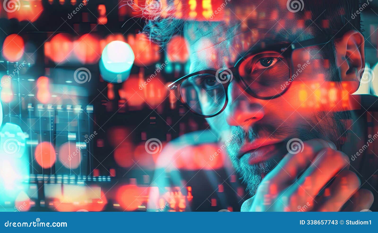 scientist in glasses ponders a matrix of luminous data and solves some problem.  for banner, poster, cover, brochure