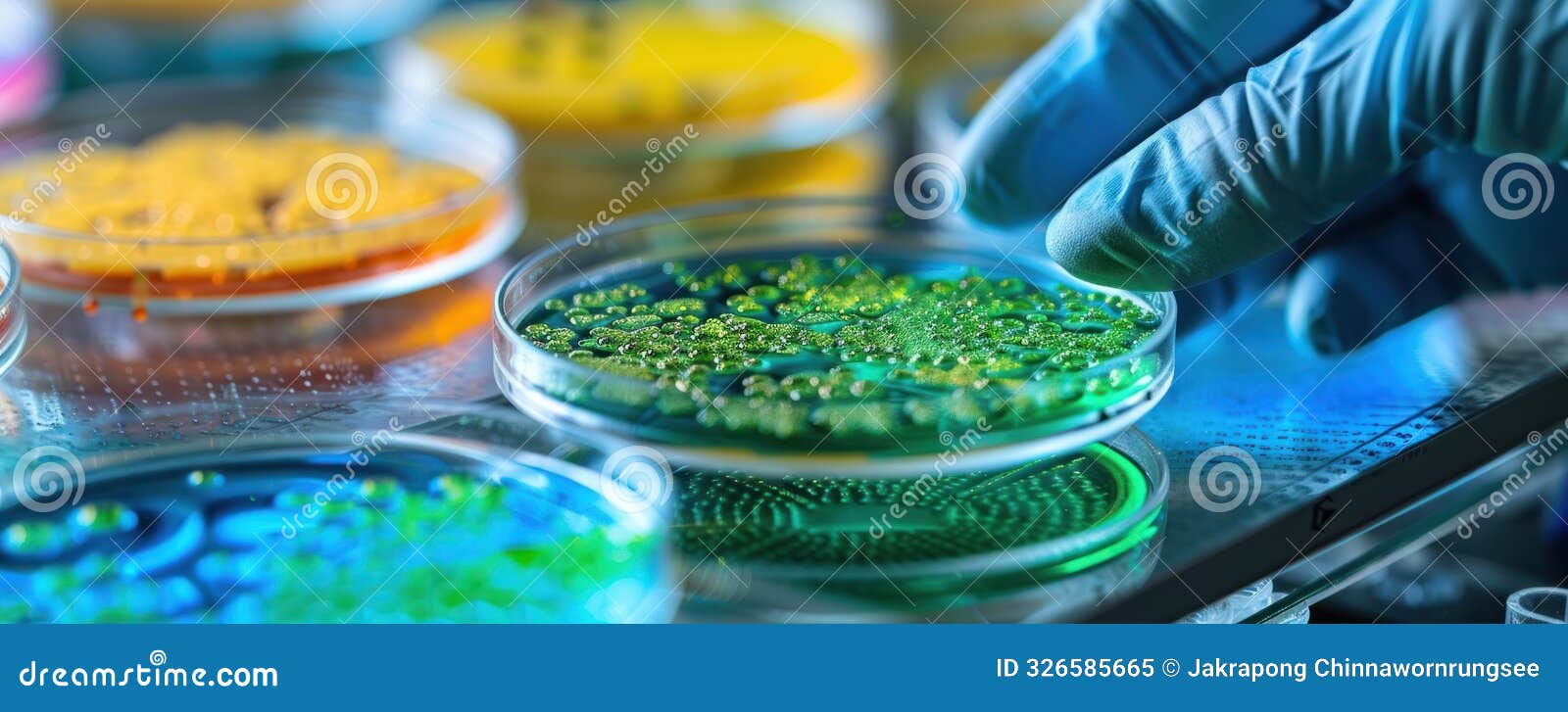 scientist with gloved hand examining multiple petri dishes with colorful bacterial colonies in a laboratory setting