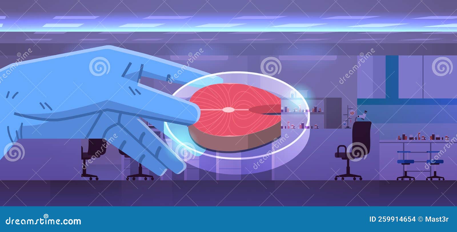 scientist hand holding cultured red raw fish meat made from animal cells artificial lab grown meat production concept
