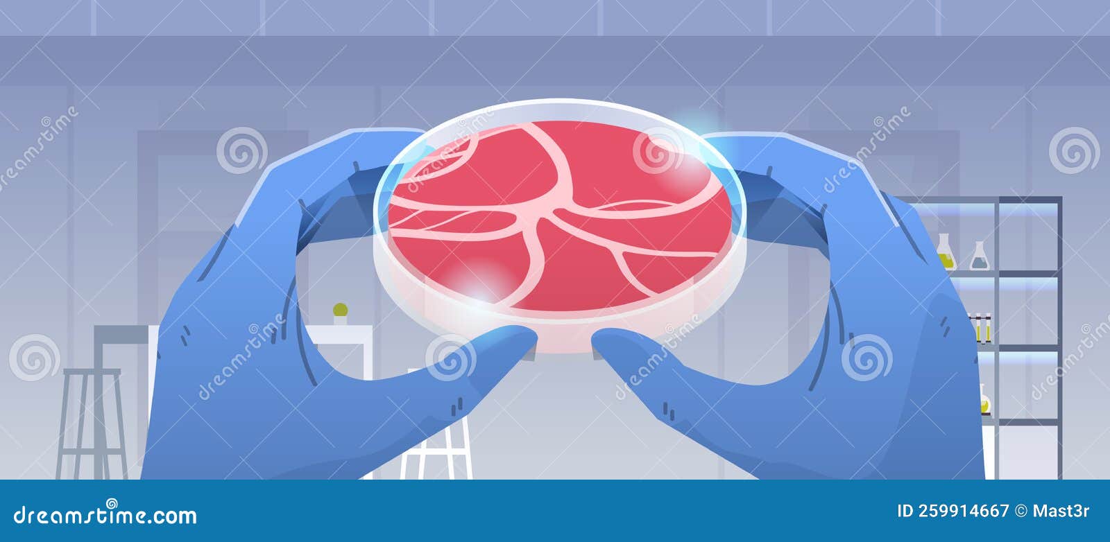 scientist hands holding cultured red raw meat made from animal cells artificial lab grown meat production concept