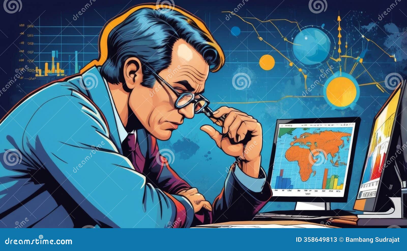 a scientist intensely analyzing complex data on screens