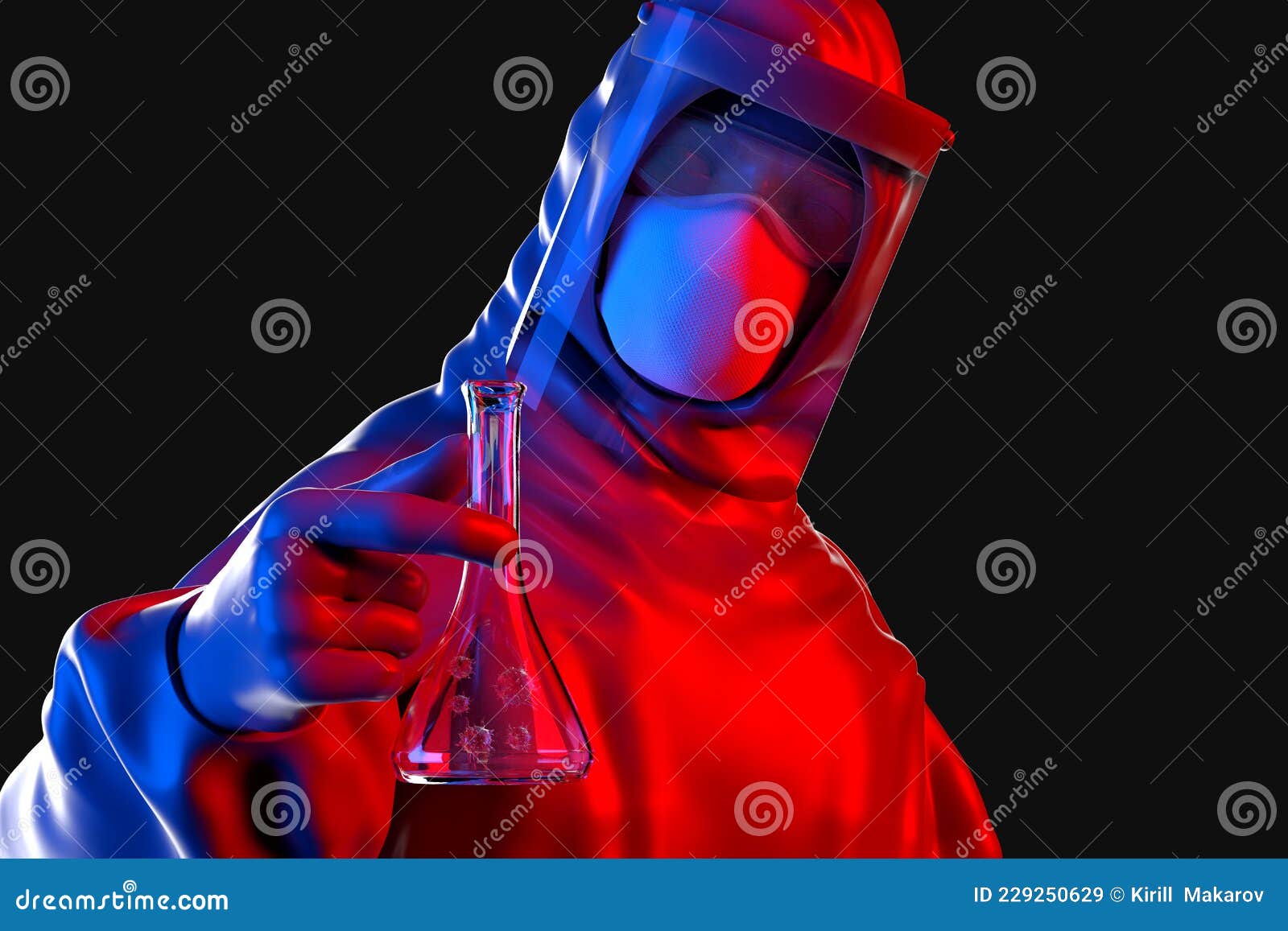 scientist in mask, glasses and protective suit holding flask with virus moleculas. 3d 