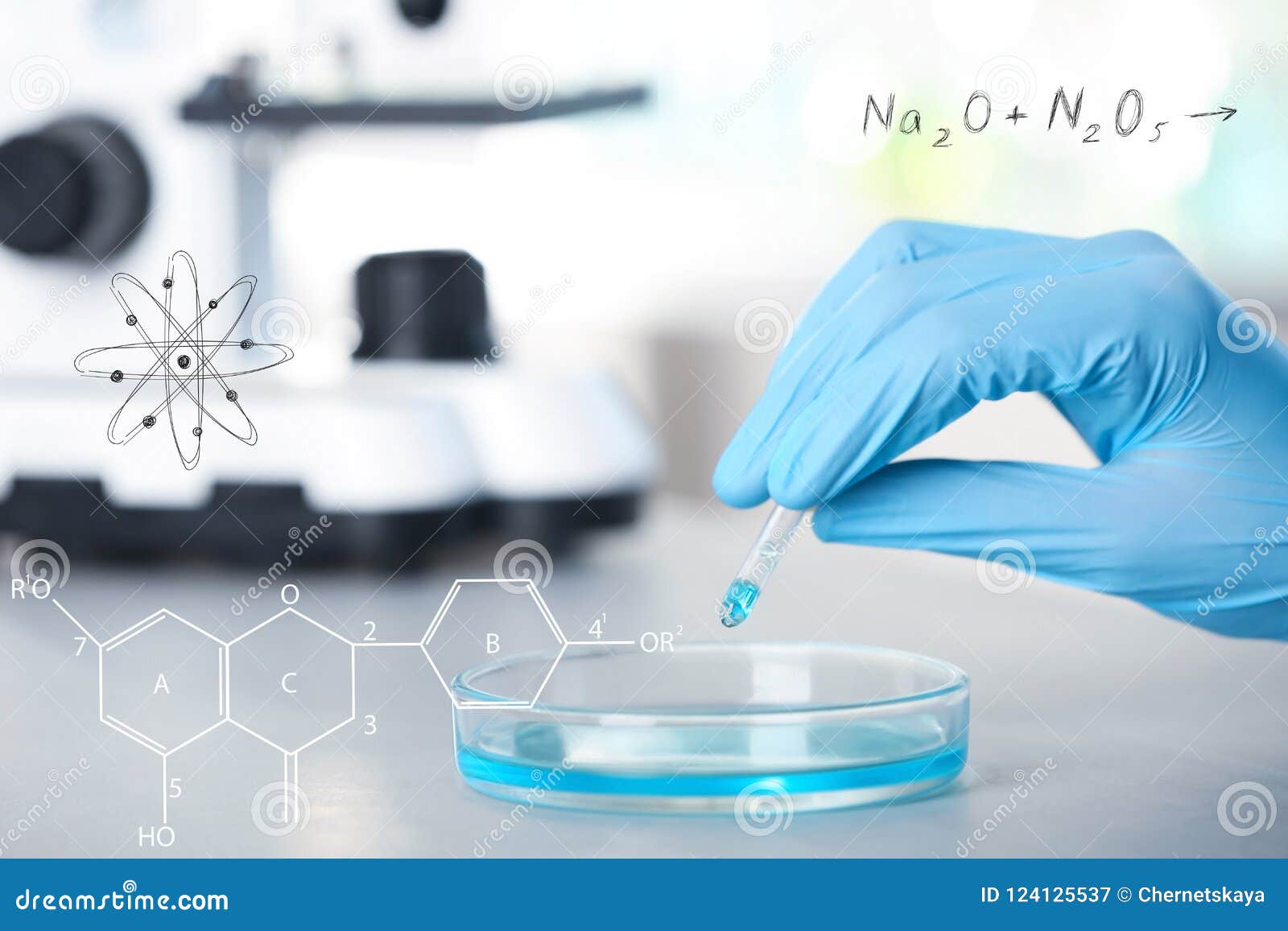 Scientist Performing Laboratory Analysis, Closeup. Chemical Formulas on