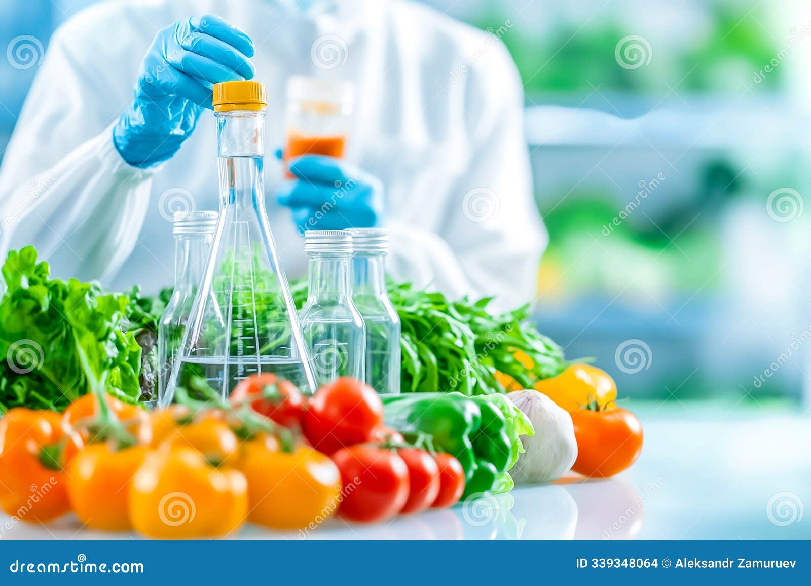 a scientist in protective gloves examines various vegetables and conducts experiments using lab glassware in a bright