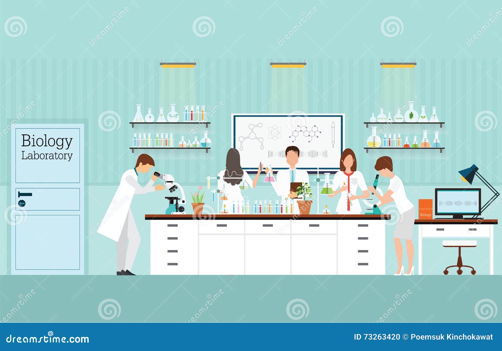 Scientist Research and Experiments at Biology Science Lab Interior . Stock  Vector - Illustration of life, medical: 73263420