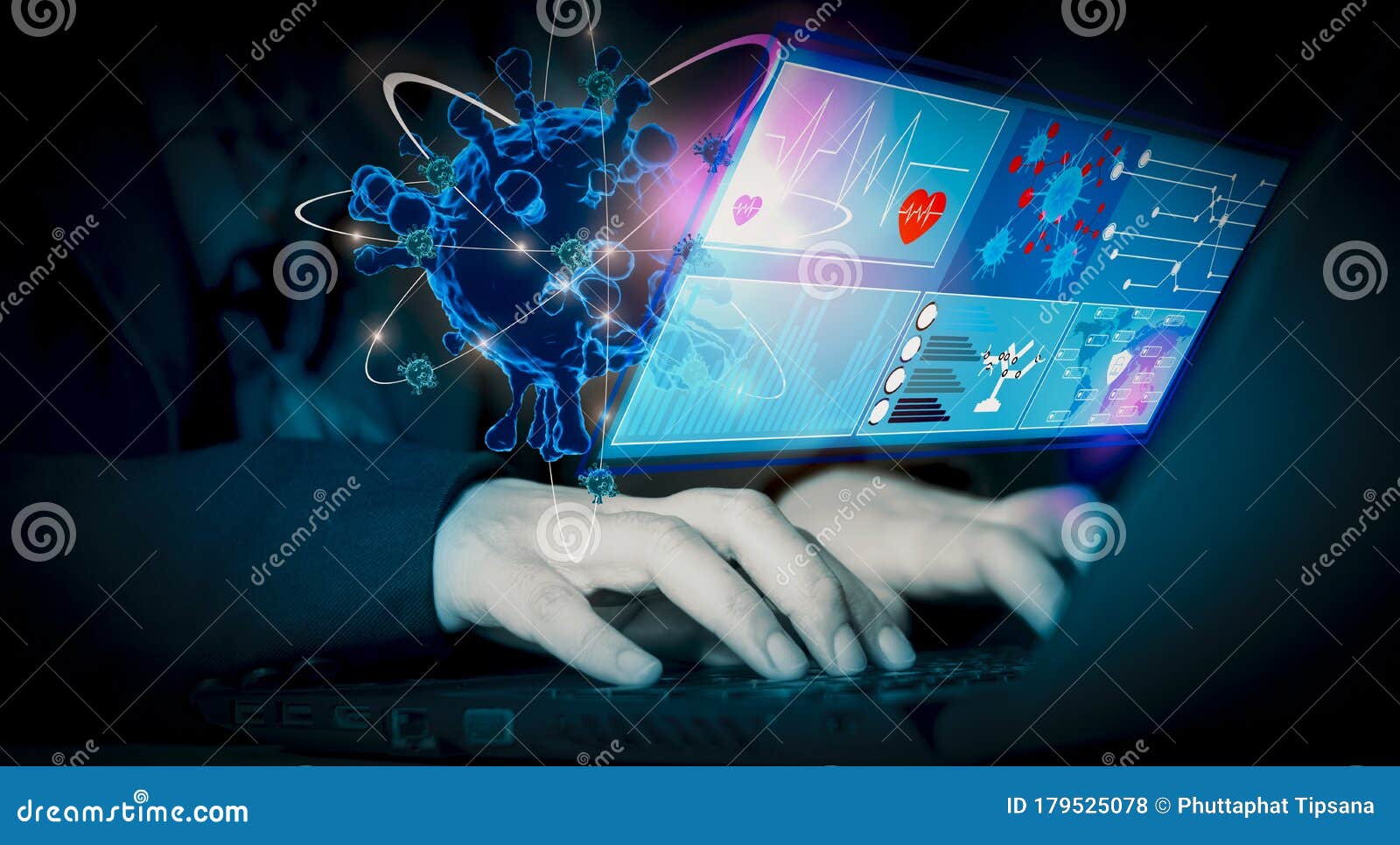 scientist use laptop computer,with interface visual screen analysis coronavirus or covid 19 epidemic,concept virus spread and