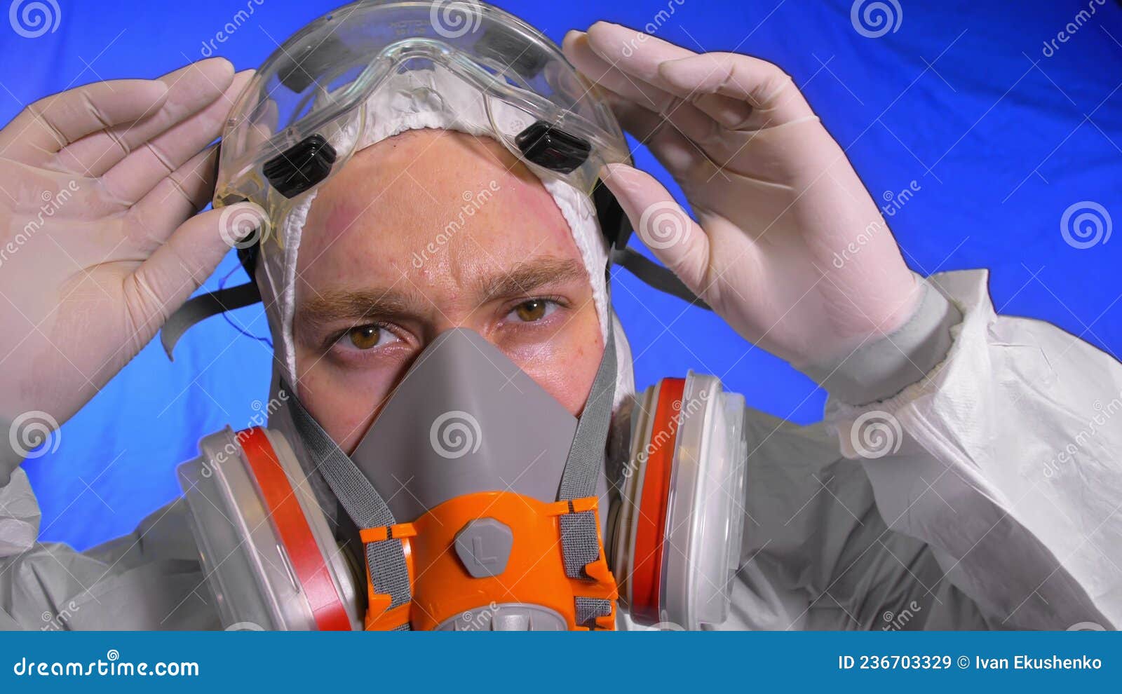 scientist virologist in respirator. man close up look, wearing protective medical mask. concept health safety n1h1