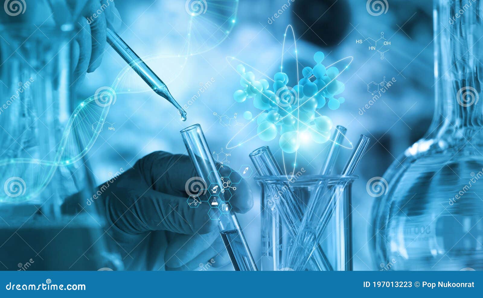 scientists are experimenting and research with molecule model, dna, science background with molecules and atoms in the laboratory
