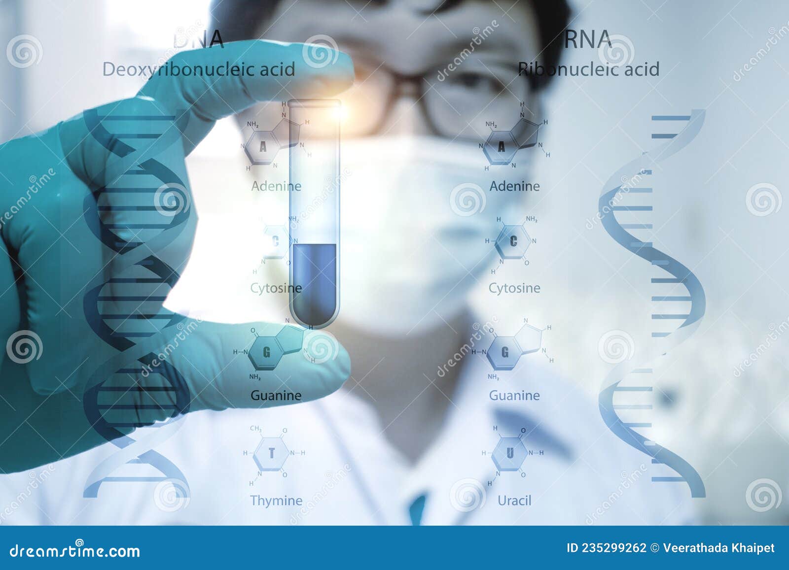 scientists hold virtual screen test tubes filled with rna and dna structure infographics and technology icons