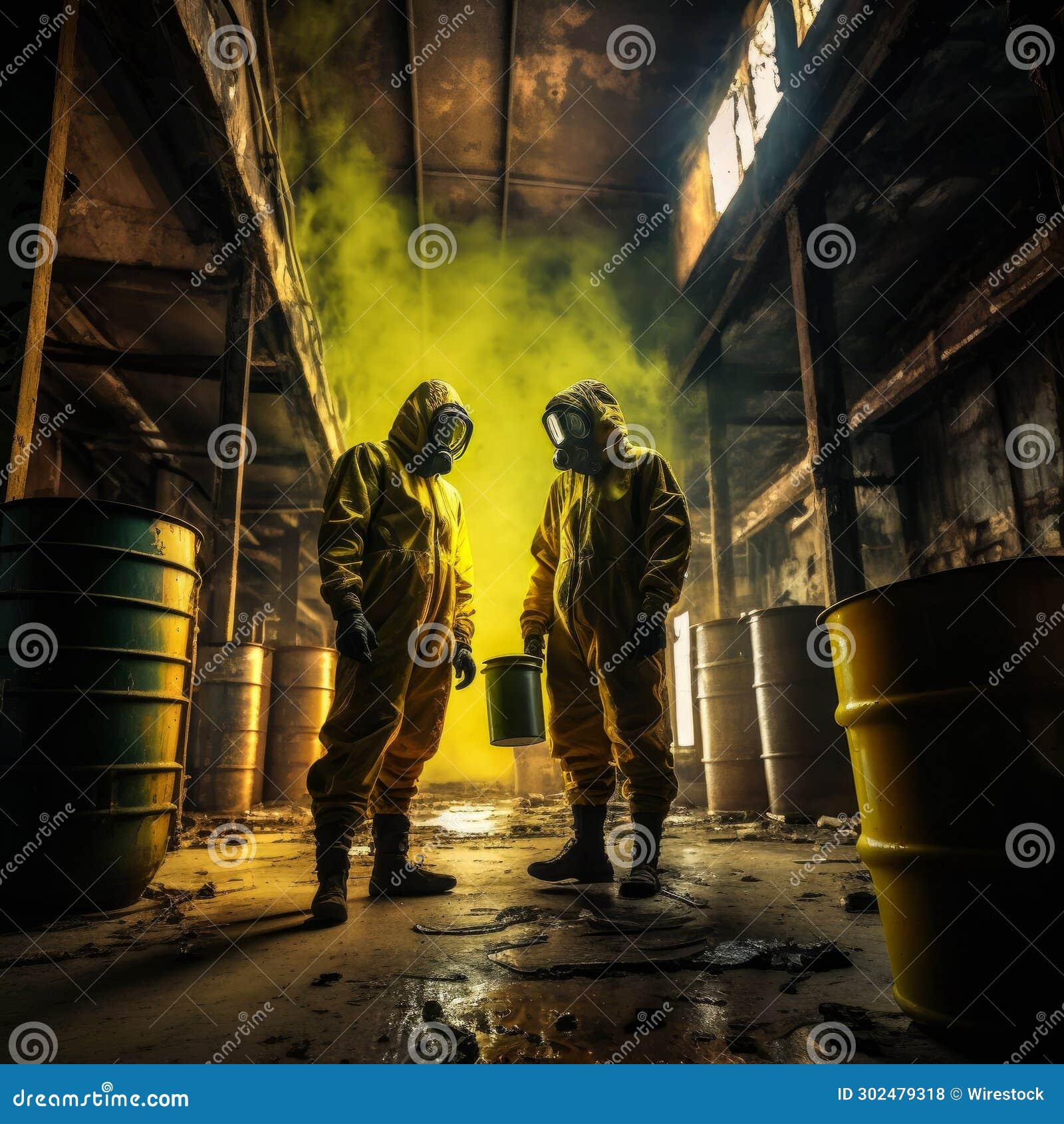 scientists - workers in chemical protective suits examine chemical barrels in an old warehouse - dep
