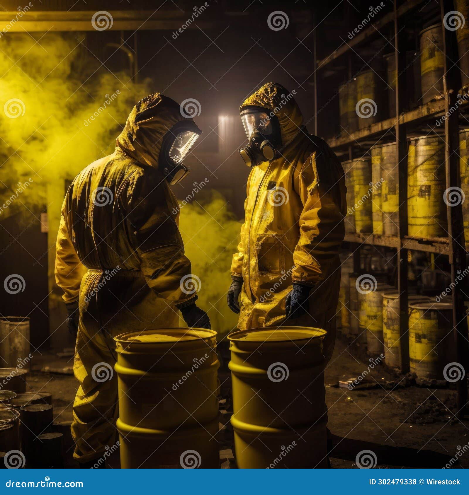 scientists - workers in chemical protective suits examine chemical barrels in an old warehouse - dep