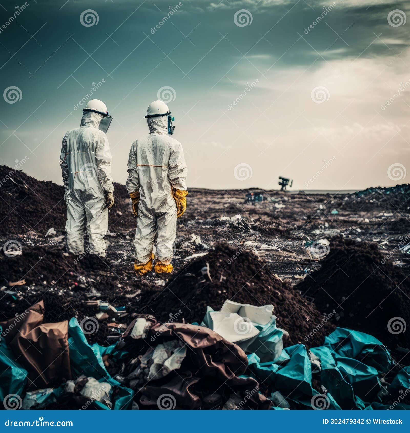 scientists - workers in chemicals protective suits investigate waste collectors with toxic chemicals