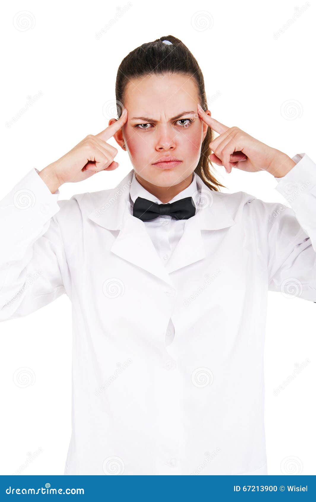 scince woman in lab coat and bow tai with fingers near head.