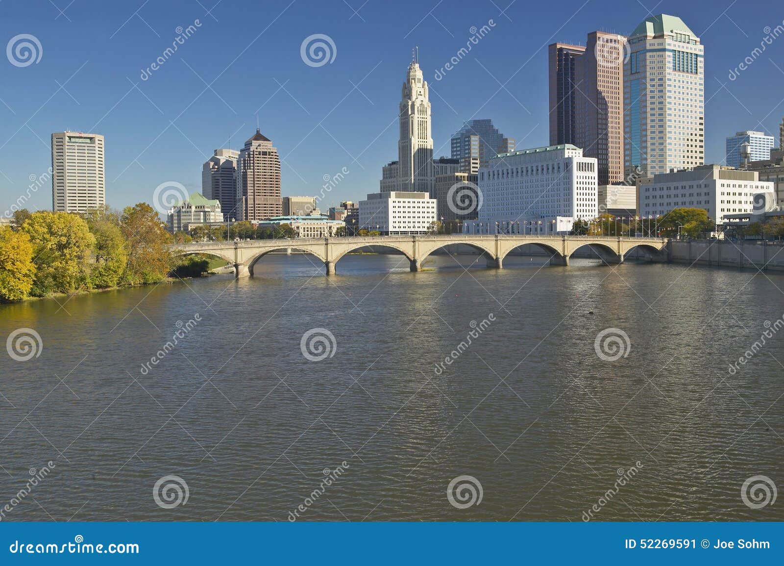 Scioto River and Columbus Ohio Skyline in Autumn, with Setting Sunlight