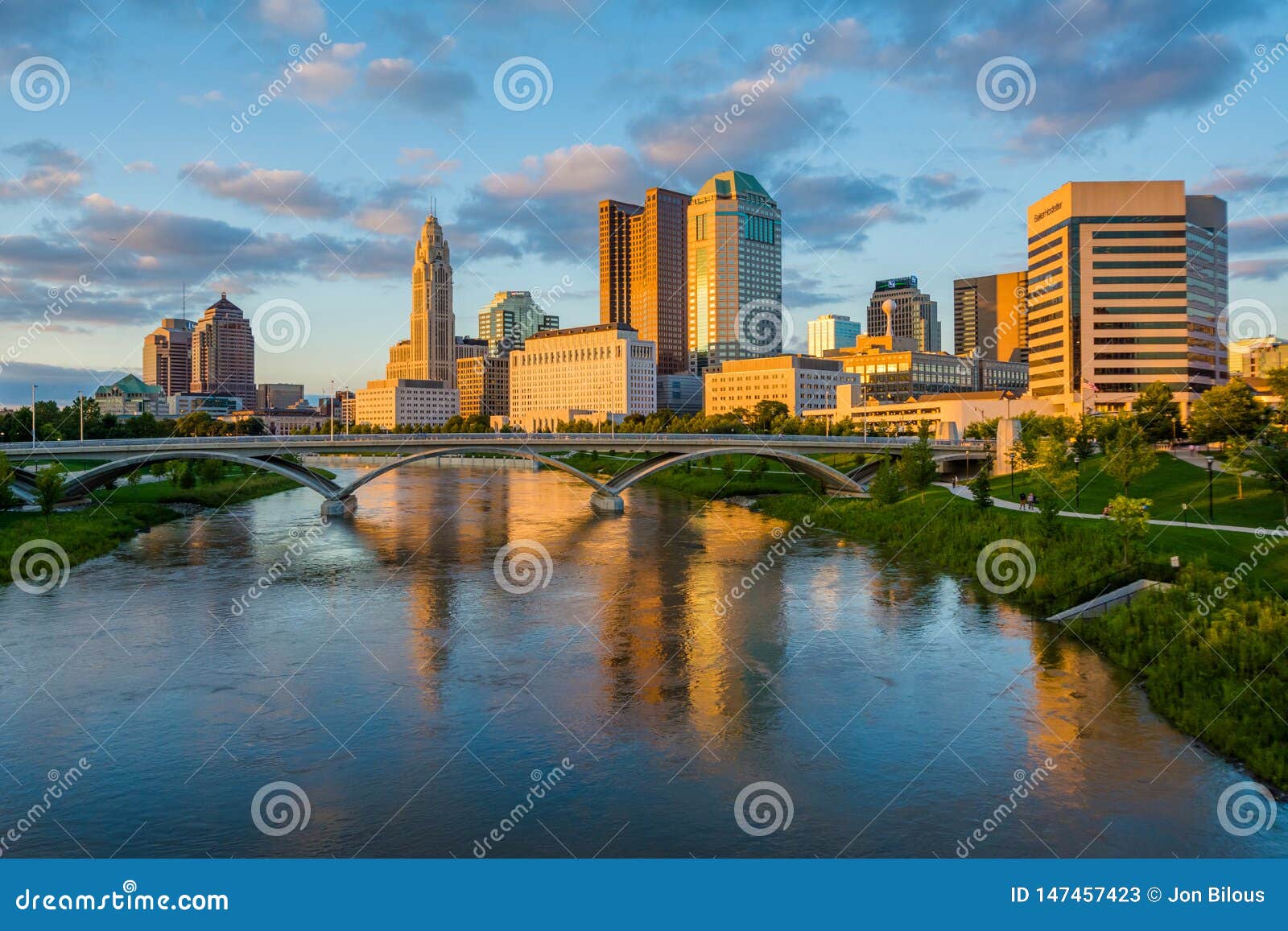 The Scioto River And Columbus Skyline At Sunset In Columbus Ohio the-scioto-river-and-columbus-skyline-at-sunset-in-columbus-ohio