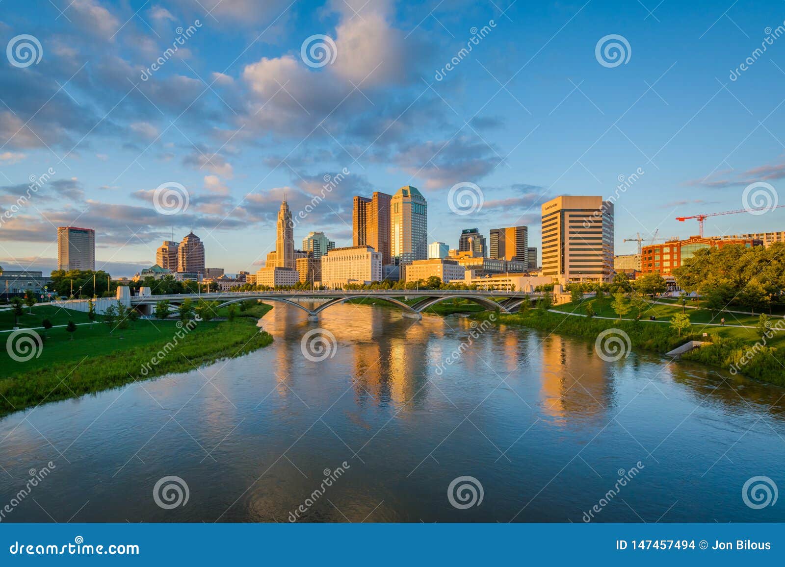 The Scioto River and Columbus Skyline at Sunset, in Columbus, Ohio