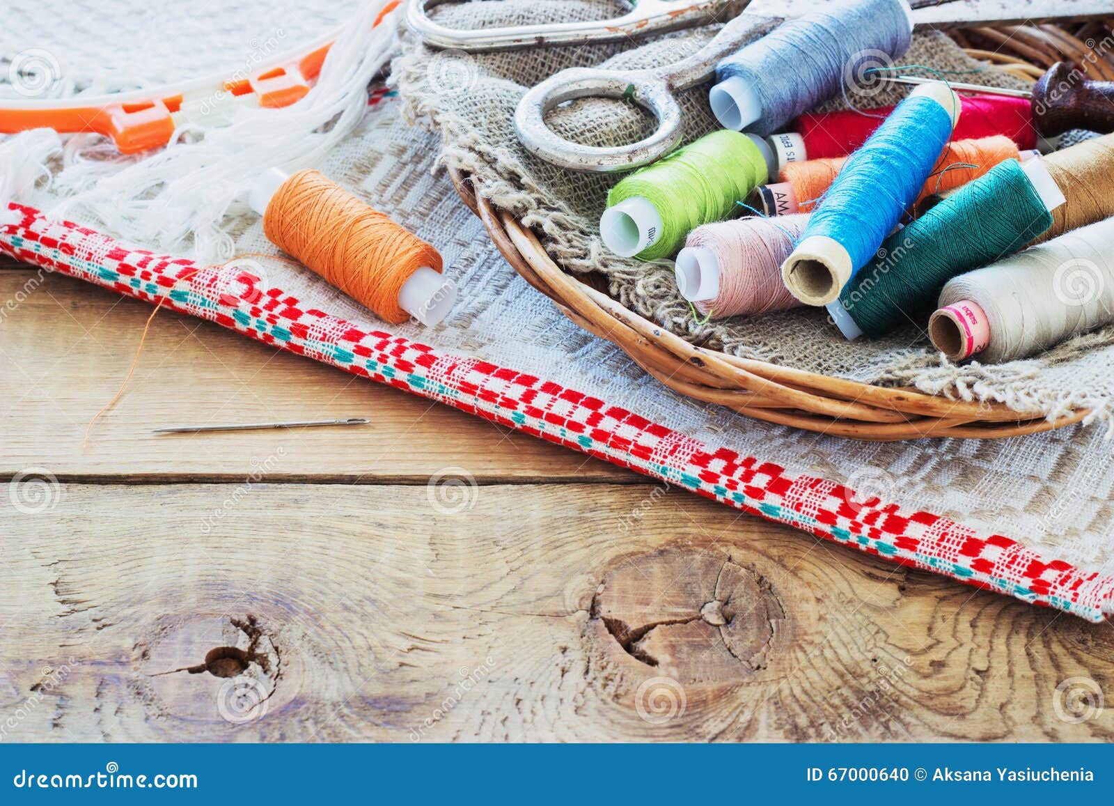 Scissors, Bobbins with Thread and Needles, Striped Fabric. Old Sewing ...