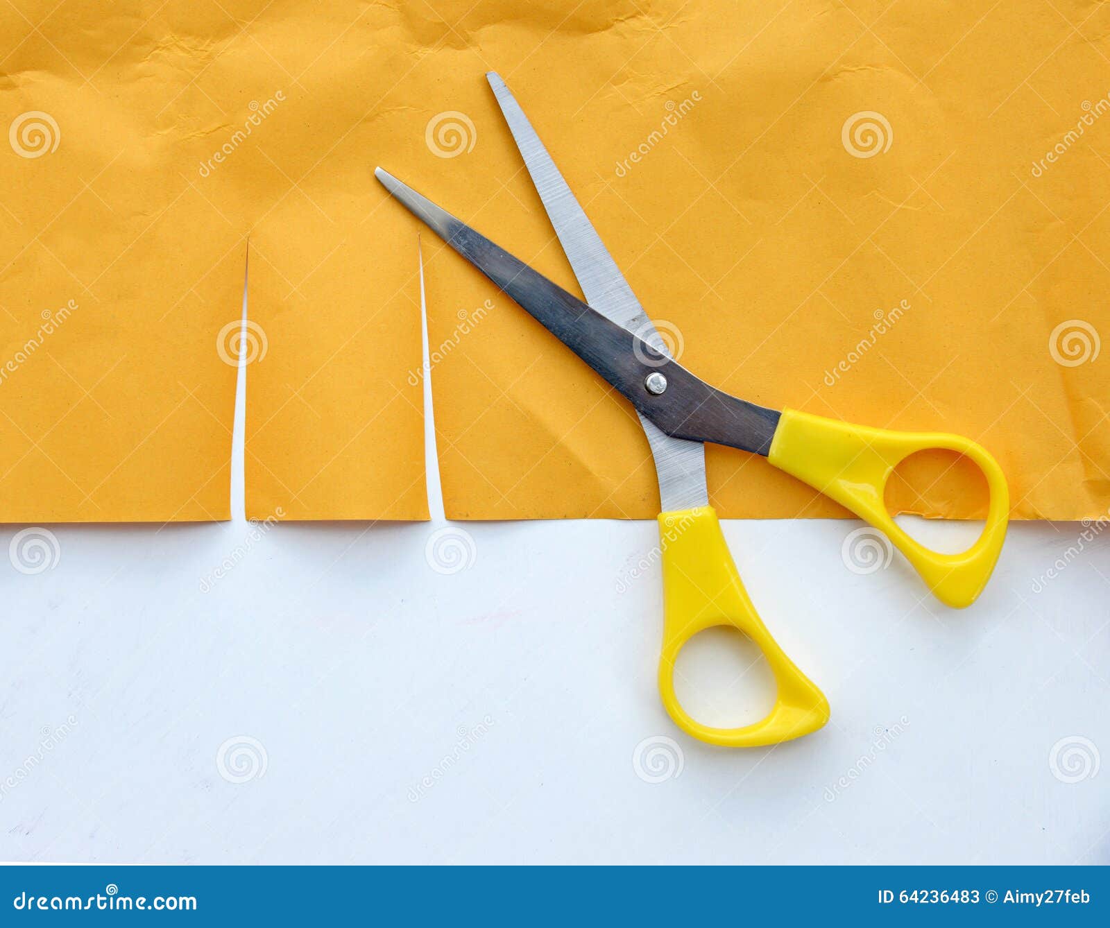 Scissors Cutting Yellow Paper on White Stock Image Image of barber