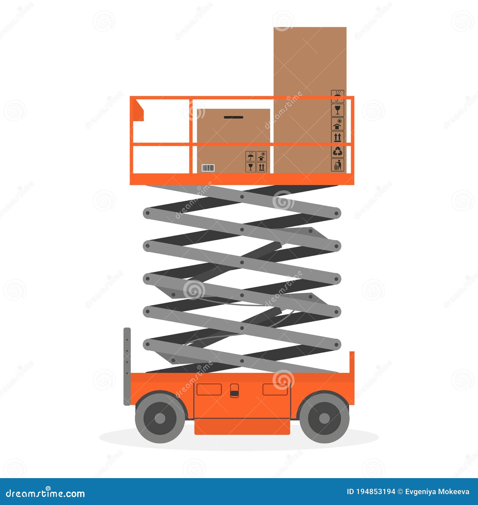 Scissors Lift Platform with Cardboard Boxes on White Background Stock