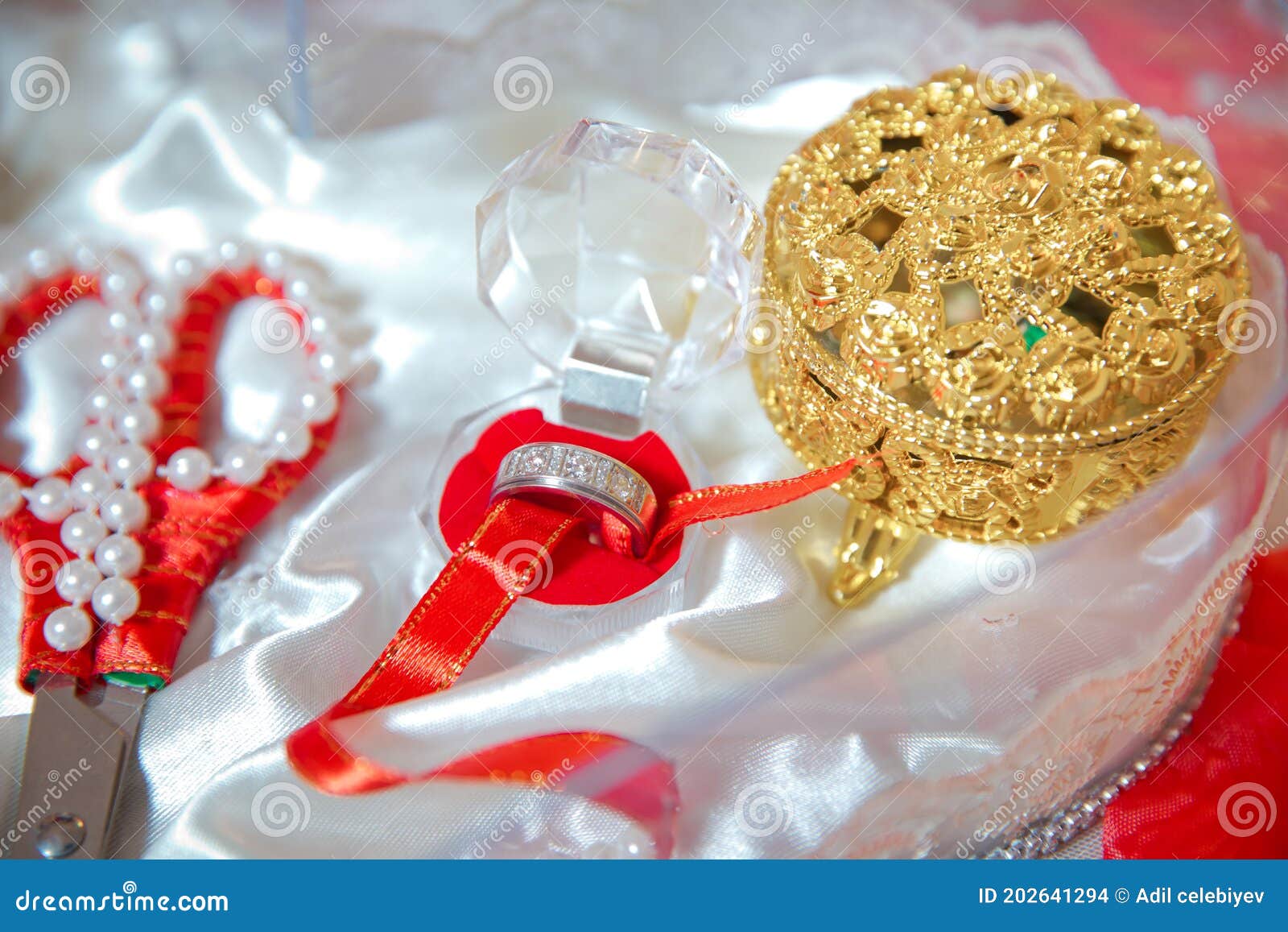 Scissors, Ring Containers. Artificial Rose Petals. Pearls . Engagement Ring Set . Stock Photo