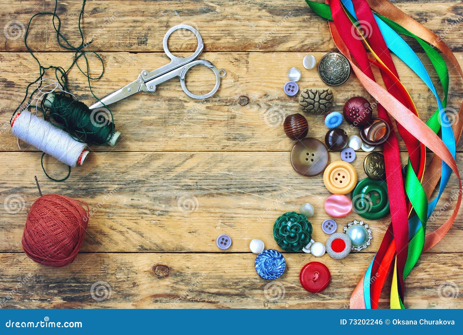 Scissors, Thread, Variety Buttons, Multicolored Ribbons Stock Photo