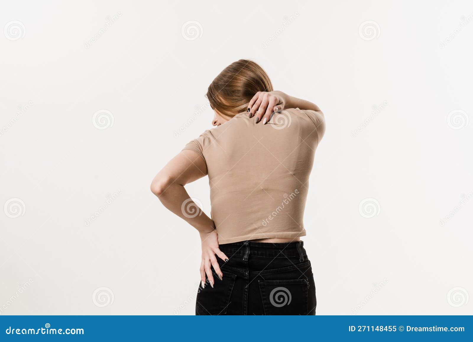 Woman with scoliosis of the spine. Curved woman's back. Stock Photo