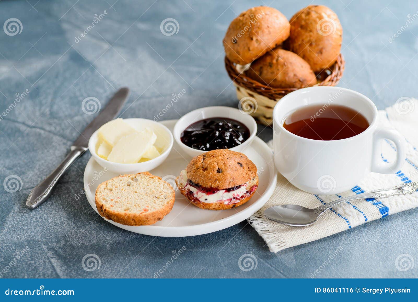 Scones with Butter and Jam with Tea Stock Photo Image of clotted, berry 86041116