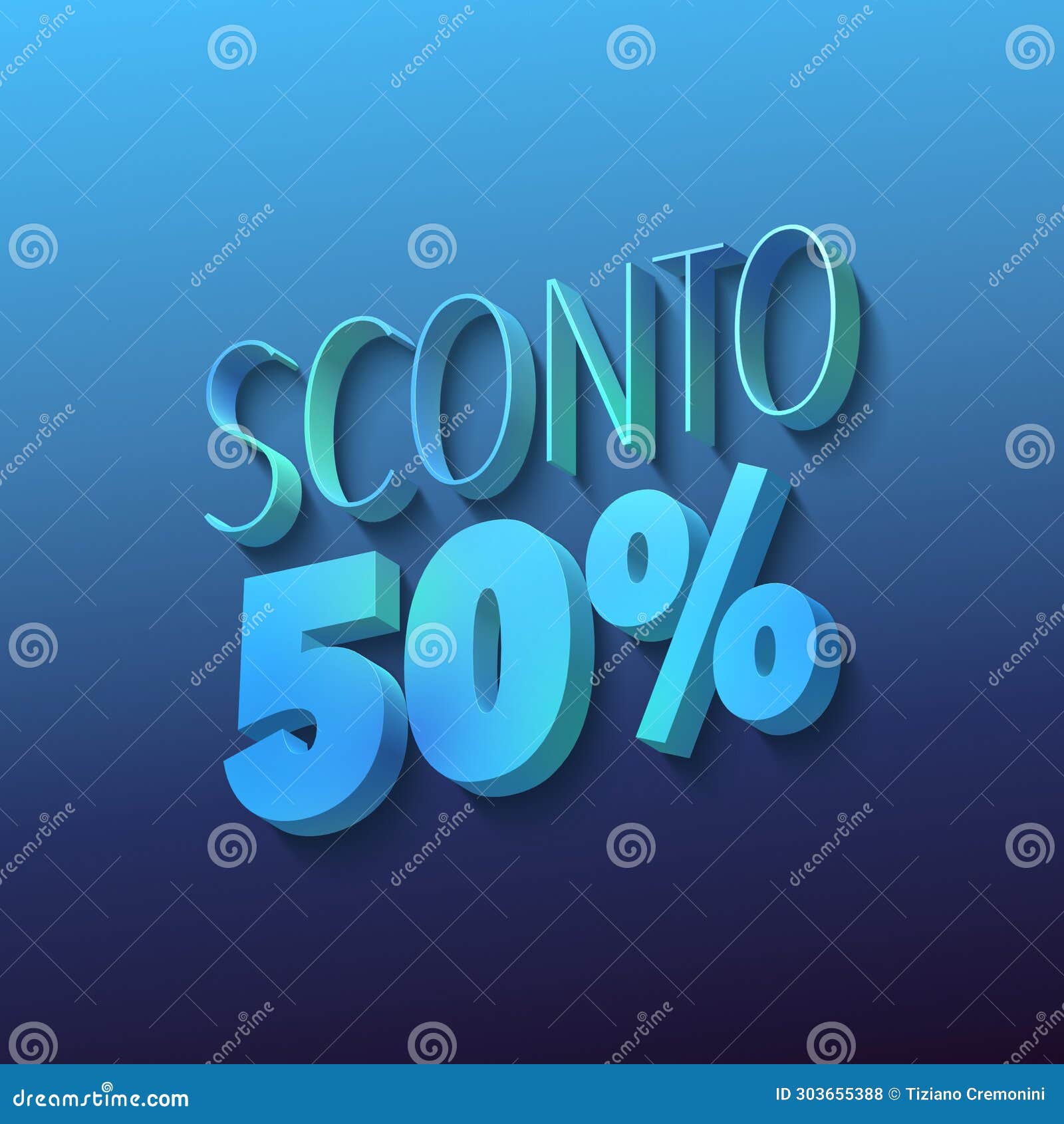 sconto 50%, italian words for 50 percent off, blue 3d letters on dark blue background, 3d rendering