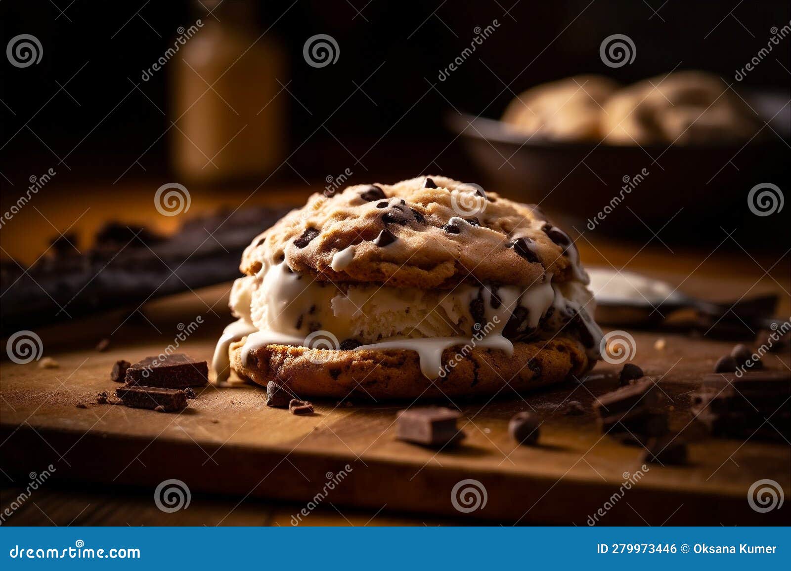 Scoop of Creamy Vanilla Ice Cream Sandwiched between Two Chewy Chocolate  Chip Cookies. AI Generated. Stock Photo - Image of refreshing, generated:  279974812