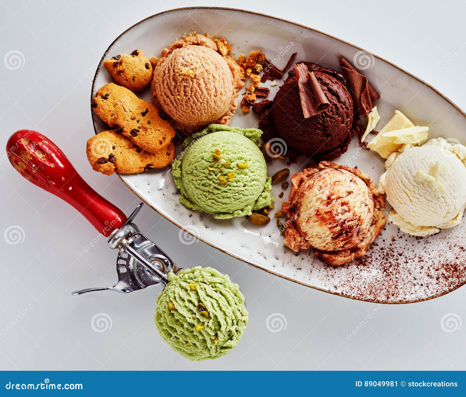 scoops of assorted ice cream flavors on platter