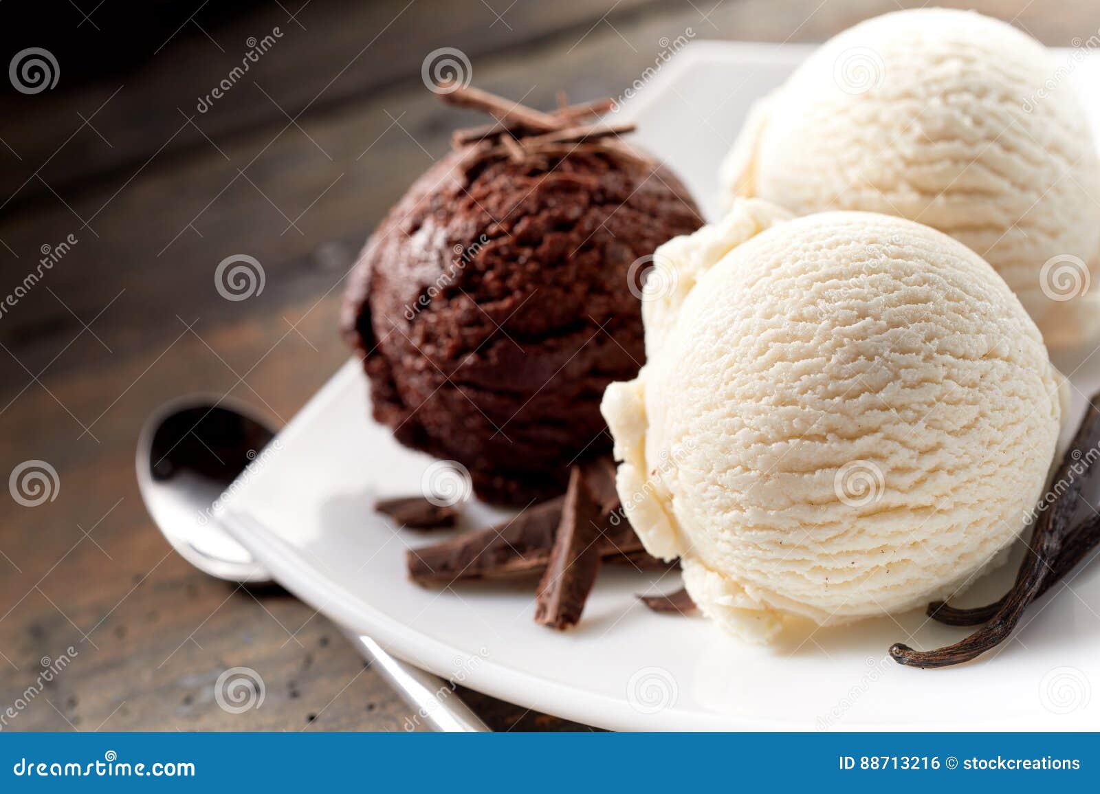 scoops of chocolate and vanilla ice cream on plate