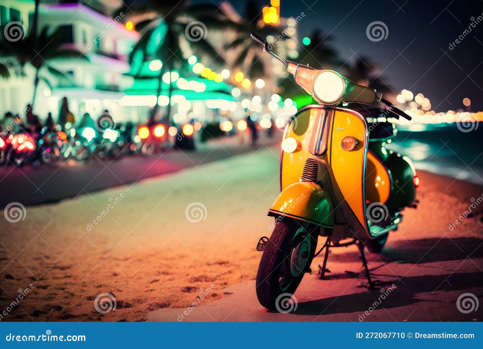 Scooter à Ocean Drive Miami Beach La Nuit Avec Néon Lumières Des